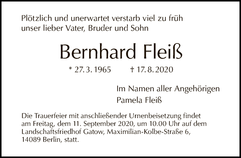  Traueranzeige für Bernhard Fleiß vom 30.08.2020 aus Tagesspiegel