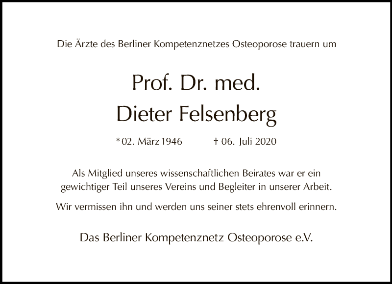  Traueranzeige für Dieter Felsenberg vom 02.08.2020 aus Tagesspiegel