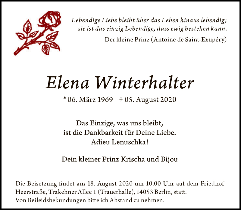 Traueranzeige für Elena Winterhalter vom 09.08.2020 aus Tagesspiegel