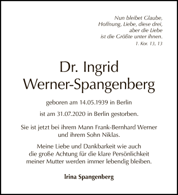 Traueranzeige von Ingrid Werner-Spangenberg von Tagesspiegel