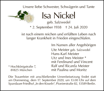 Traueranzeige von Isa Nickel von Tagesspiegel