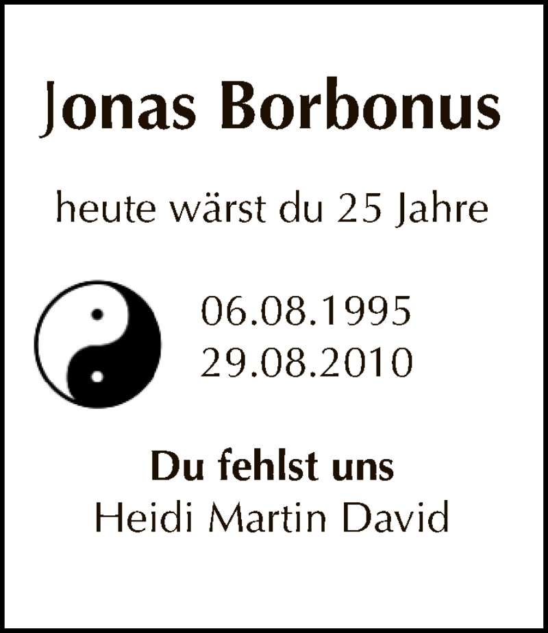 Traueranzeige für Jonas Borbonus vom 06.08.2020 aus Tagesspiegel