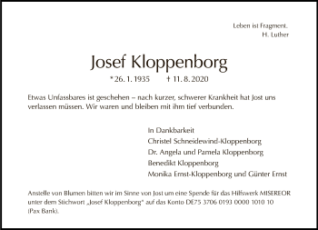 Traueranzeige von Josef Kloppenborg von Tagesspiegel