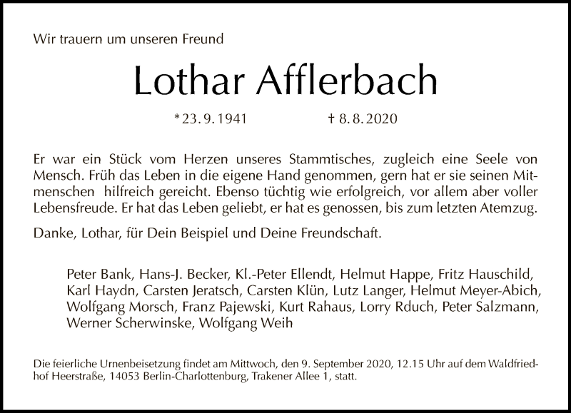  Traueranzeige für Lothar Afflerbach vom 23.08.2020 aus Tagesspiegel