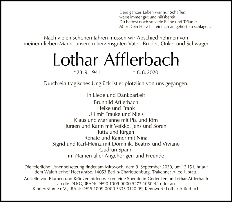  Traueranzeige für Lothar Afflerbach vom 16.08.2020 aus Tagesspiegel
