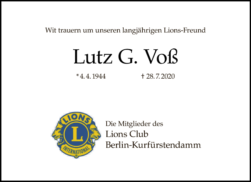  Traueranzeige für Lutz G. Voß vom 09.08.2020 aus Tagesspiegel