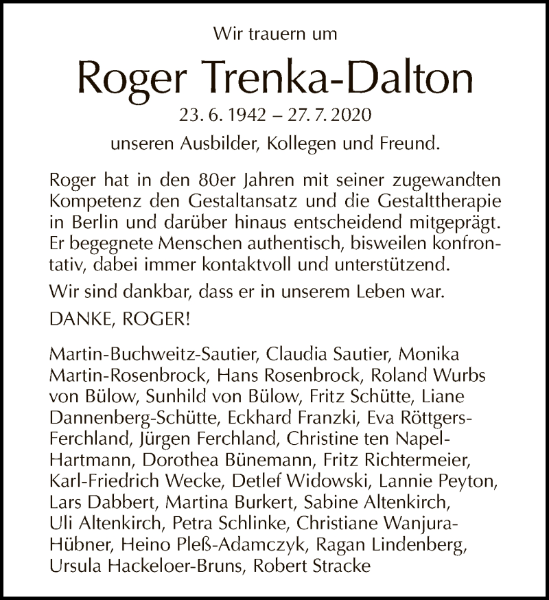  Traueranzeige für Roger Trenka-Dalton vom 09.08.2020 aus Tagesspiegel