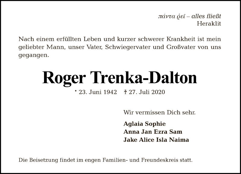  Traueranzeige für Roger Trenka-Dalton vom 09.08.2020 aus Tagesspiegel