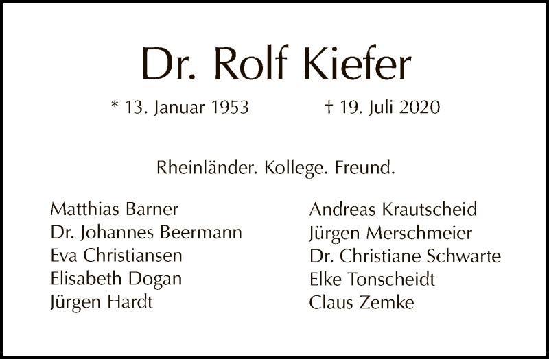  Traueranzeige für Rolf Kiefer vom 02.08.2020 aus Tagesspiegel