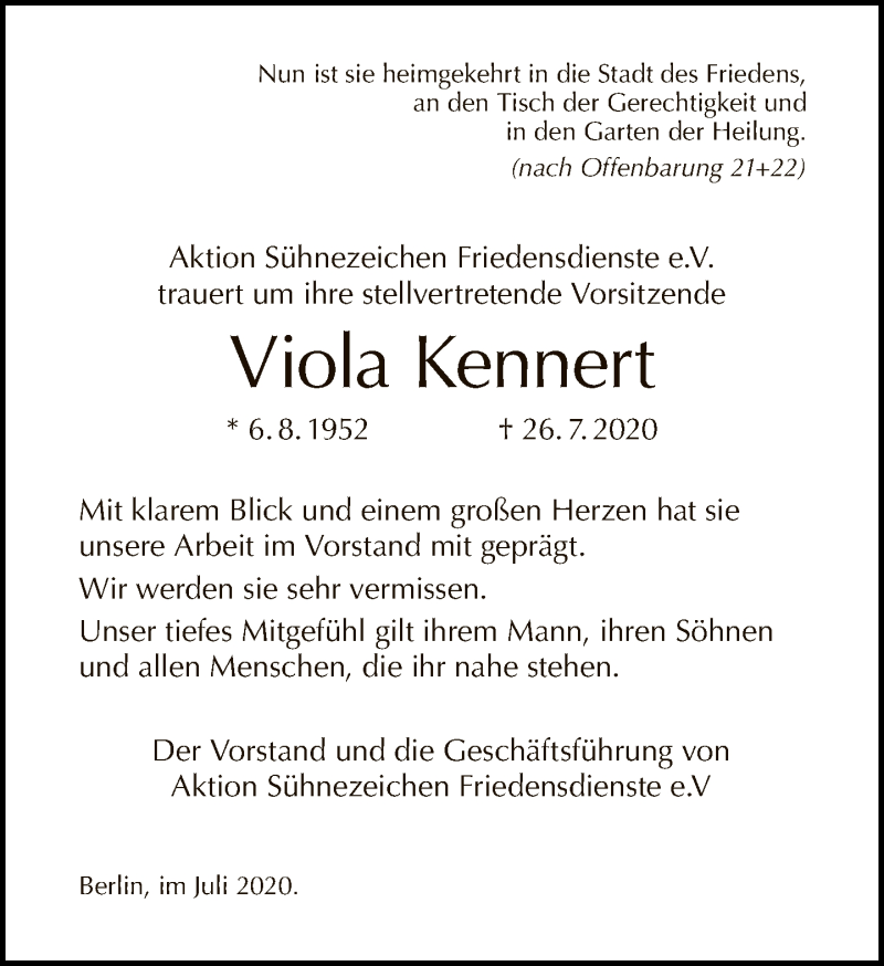  Traueranzeige für Viola Kennert vom 02.08.2020 aus Tagesspiegel