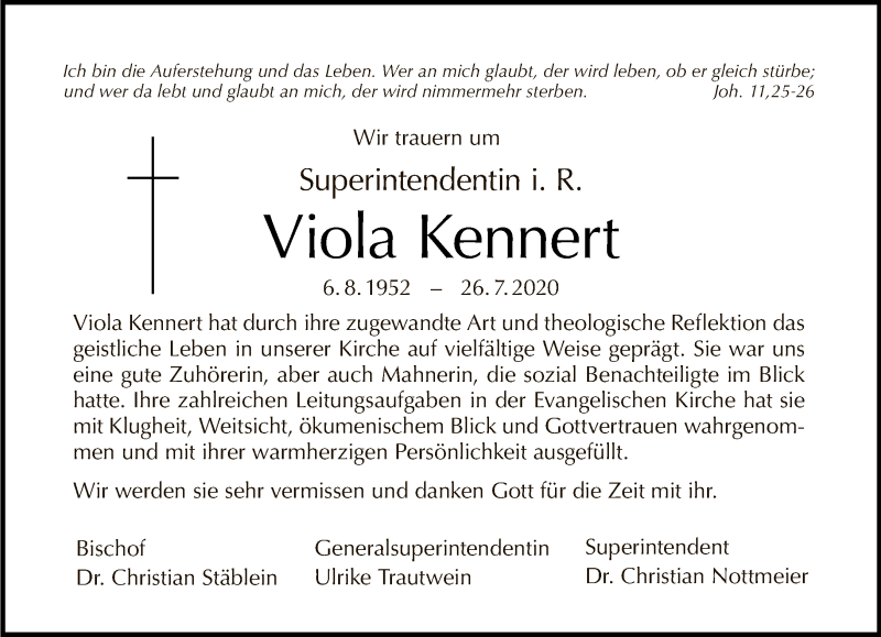  Traueranzeige für Viola Kennert vom 02.08.2020 aus Tagesspiegel