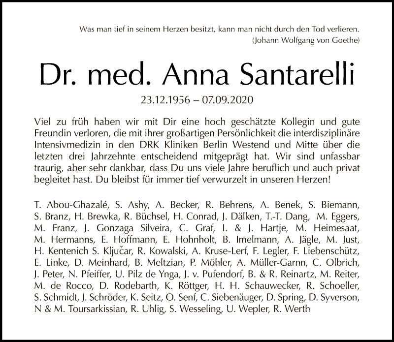  Traueranzeige für Anna Santarelli vom 20.09.2020 aus Tagesspiegel