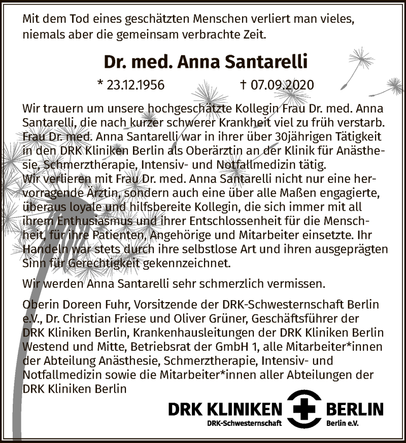  Traueranzeige für Anna Santarelli vom 27.09.2020 aus Tagesspiegel