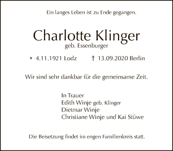 Traueranzeige von Charlotte Klinger von Tagesspiegel