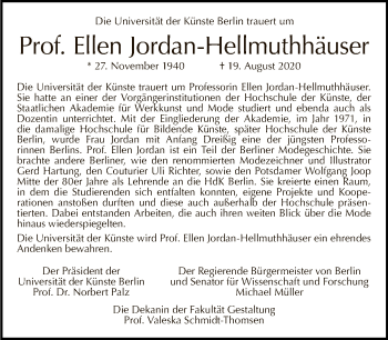 Traueranzeige von Ellen Jordan-Hellmuthhäuser von Tagesspiegel