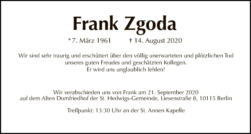  Traueranzeige für Frank Zgoda vom 13.09.2020 aus Tagesspiegel