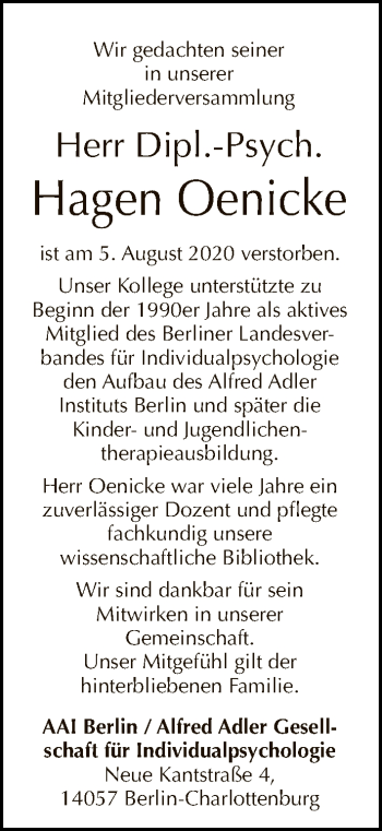 Traueranzeige von Hagen Oenicke von Tagesspiegel