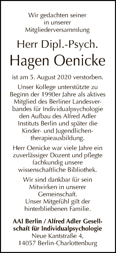  Traueranzeige für Hagen Oenicke vom 20.09.2020 aus Tagesspiegel