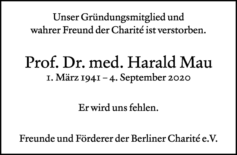  Traueranzeige für Harald Mau vom 27.09.2020 aus Tagesspiegel
