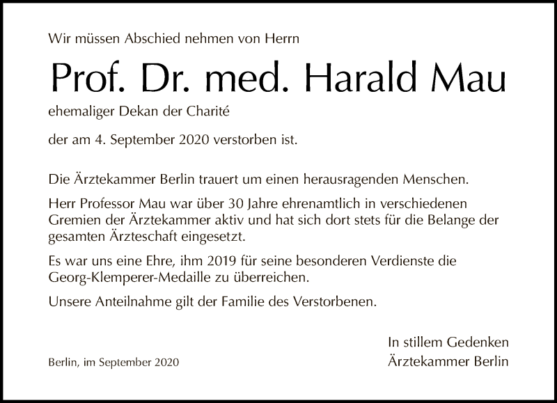  Traueranzeige für Harald Mau vom 20.09.2020 aus Tagesspiegel