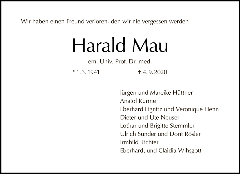  Traueranzeige für Harald Mau vom 20.09.2020 aus Tagesspiegel