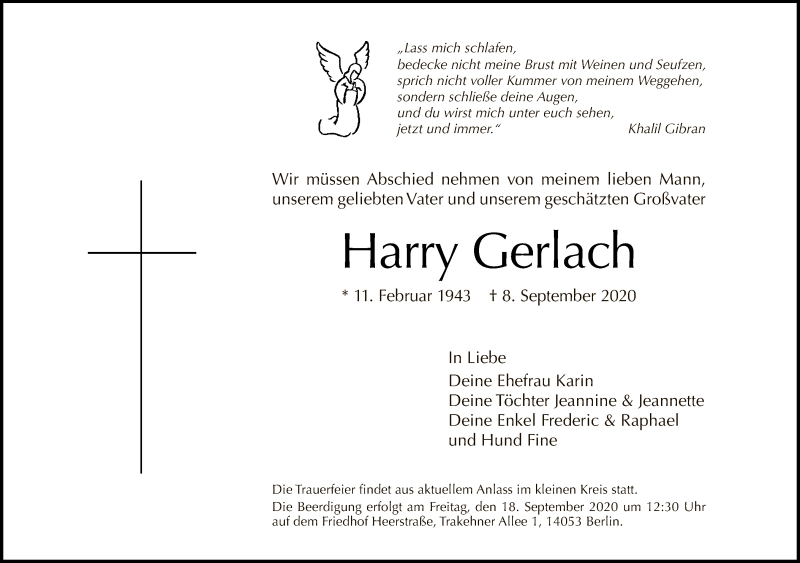  Traueranzeige für Harry Gerlach vom 13.09.2020 aus Tagesspiegel