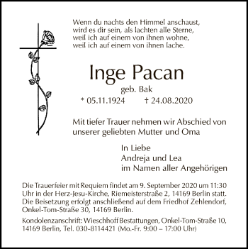 Traueranzeige von Inge Pacan von Tagesspiegel