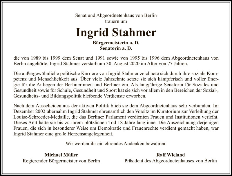  Traueranzeige für Ingrid Stahmer vom 06.09.2020 aus Tagesspiegel