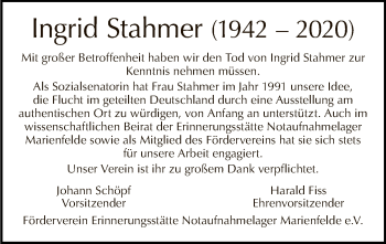 Traueranzeige von Ingrid Stahmer von Tagesspiegel