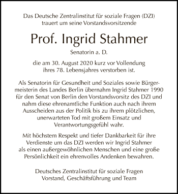 Traueranzeige von Ingrid Stahmer von Tagesspiegel