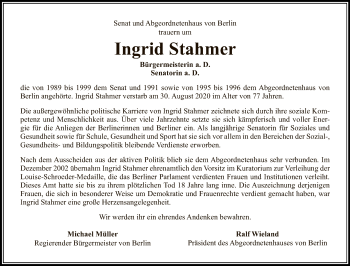 Traueranzeige von Ingrid Stahmer von Tagesspiegel