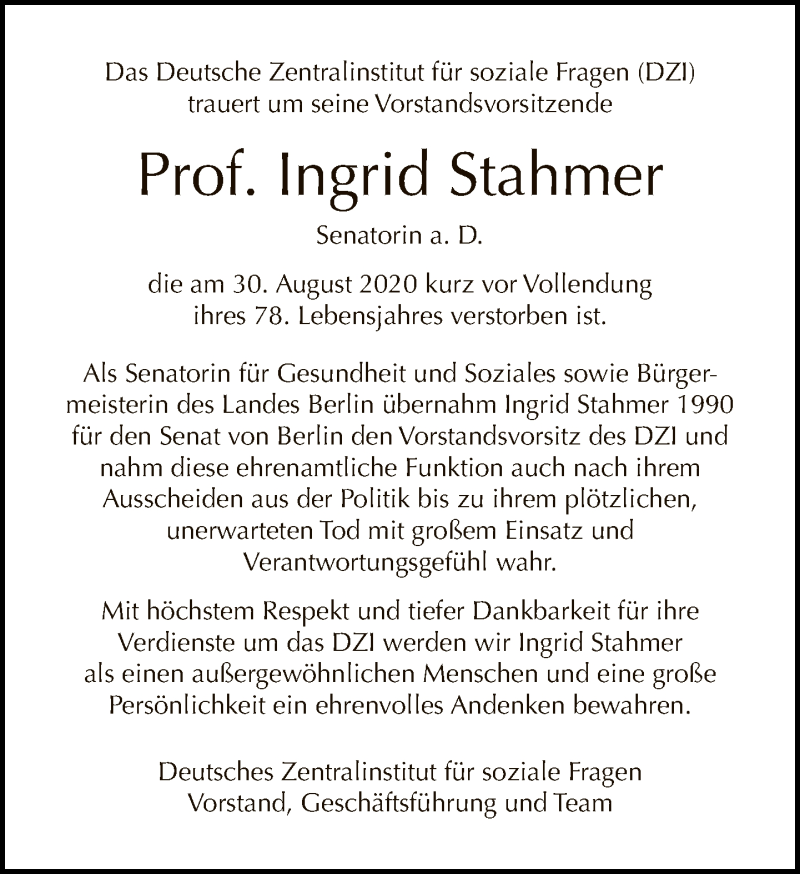  Traueranzeige für Ingrid Stahmer vom 06.09.2020 aus Tagesspiegel