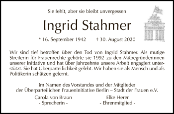 Traueranzeige von Ingrid Stahmer von Tagesspiegel