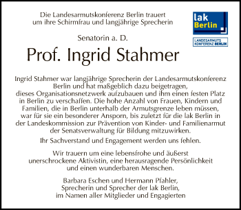 Traueranzeige von Ingrid Stahmer von Tagesspiegel