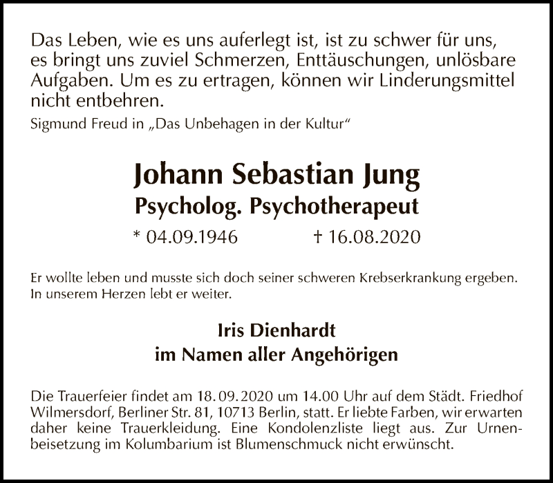  Traueranzeige für Johann Sebastian Jung vom 06.09.2020 aus Tagesspiegel