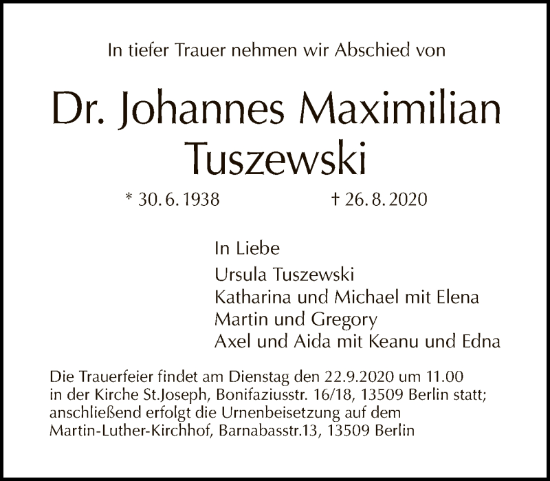  Traueranzeige für Johannes Maximilian Tuszewski vom 06.09.2020 aus Tagesspiegel