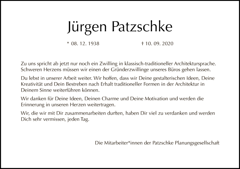 Traueranzeige für Jürgen Patzschke vom 13.09.2020 aus Tagesspiegel