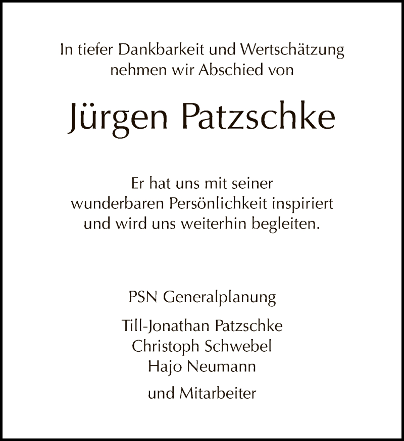  Traueranzeige für Jürgen Patzschke vom 20.09.2020 aus Tagesspiegel