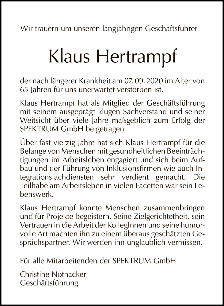  Traueranzeige für Klaus Hertrampf vom 13.09.2020 aus Tagesspiegel