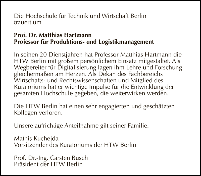  Traueranzeige für Matthias Hartmann vom 13.09.2020 aus Tagesspiegel