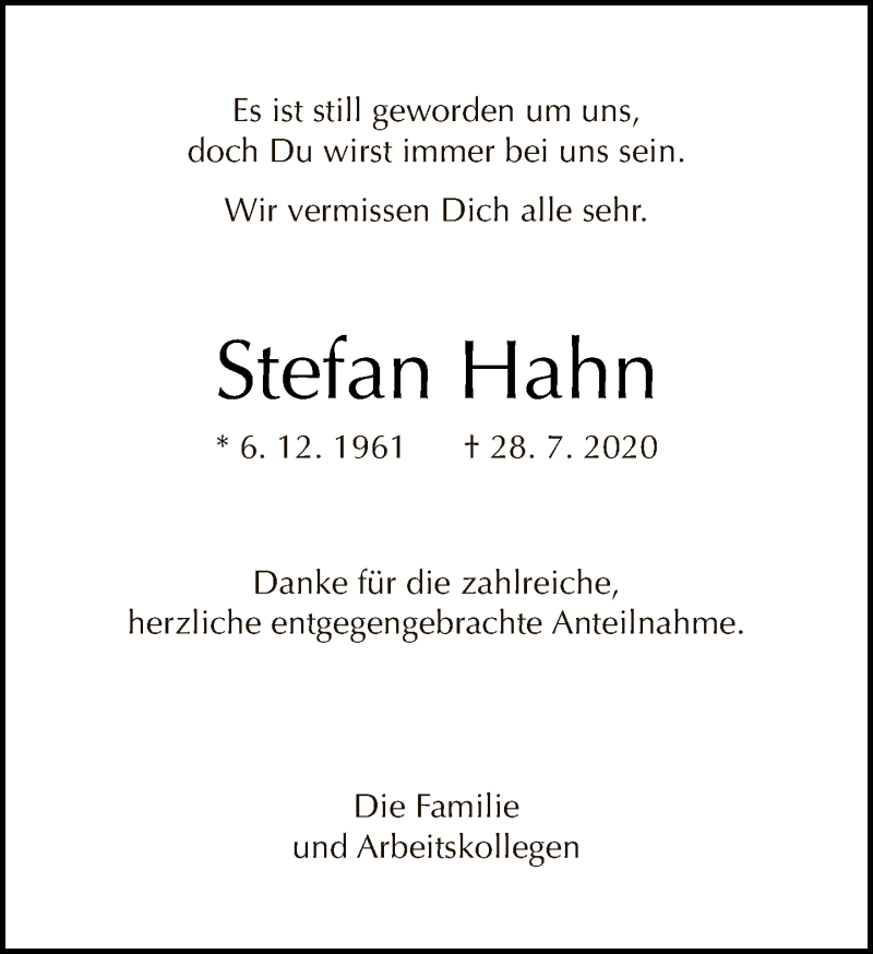  Traueranzeige für Stefan Hahn vom 27.09.2020 aus Tagesspiegel