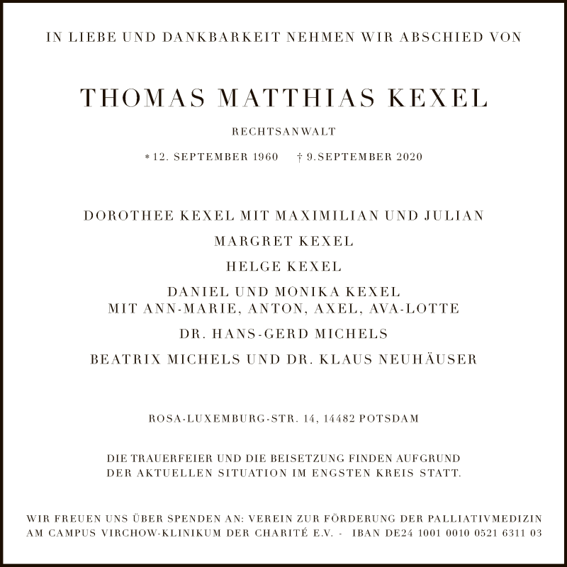  Traueranzeige für Thomas Matthias Kexel vom 20.09.2020 aus Tagesspiegel