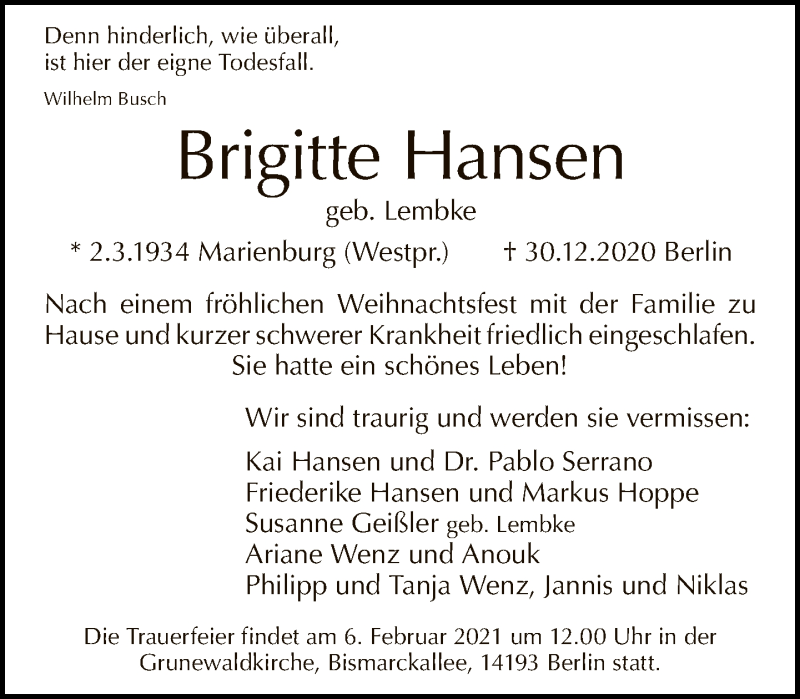  Traueranzeige für Brigitte Hansen vom 10.01.2021 aus Tagesspiegel