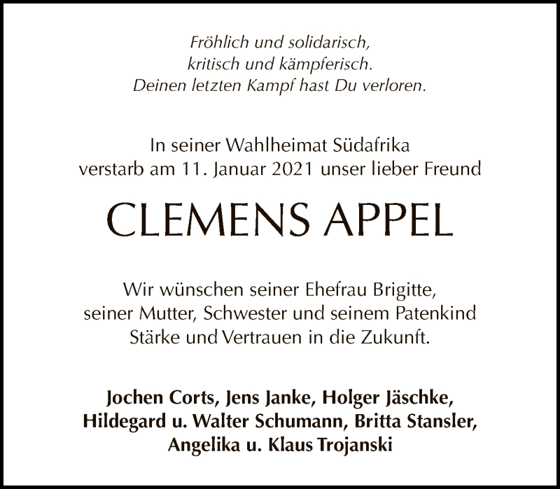  Traueranzeige für Clemens Appel vom 17.01.2021 aus Tagesspiegel
