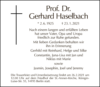 Traueranzeige von Gerhard Haselbach von Tagesspiegel