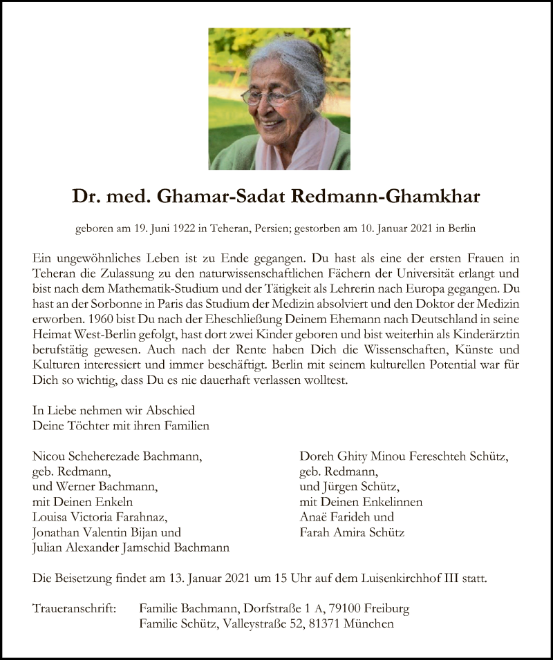  Traueranzeige für Ghamar-Sadat Redmann-Ghamkhar vom 13.01.2021 aus Tagesspiegel
