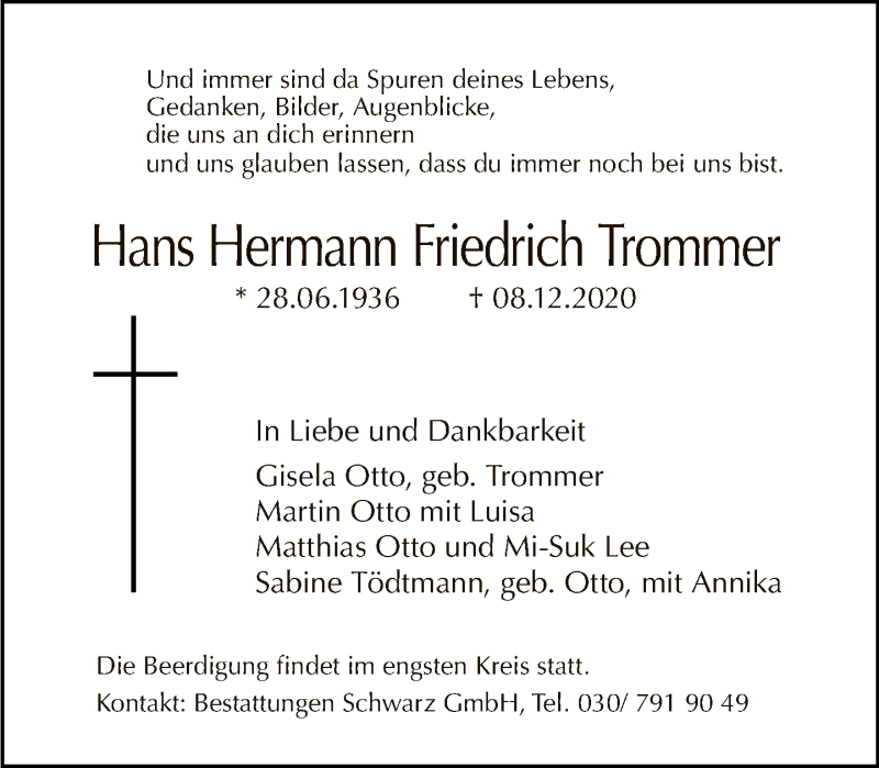  Traueranzeige für Hans Hermann Friedrich Trommer vom 03.01.2021 aus Tagesspiegel