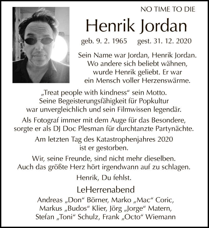  Traueranzeige für Henrik Jordan vom 24.01.2021 aus Tagesspiegel