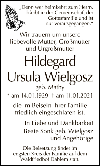 Traueranzeige von Hildegard Ursula Wielgosz von Tagesspiegel