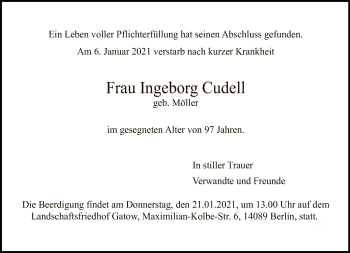 Traueranzeige von Ingeborg Cudell von Tagesspiegel